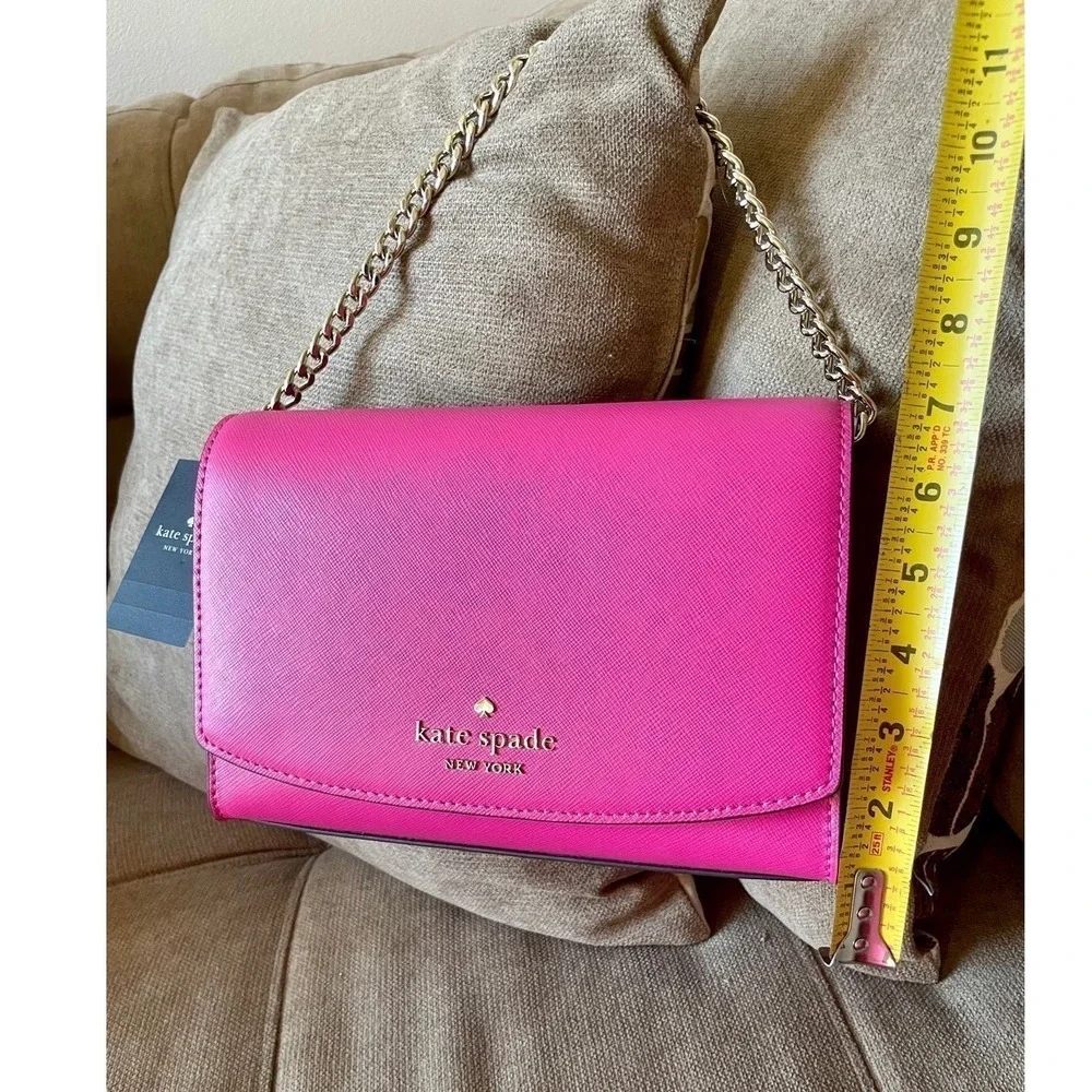 Kate Spade New York Pink Saffiano Leather Crossbody Bag Gold Chain Accent Barbie
